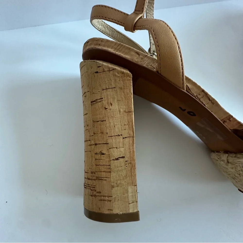 Sam Edelman Rella leather cork basket weave espadrille platform heels.